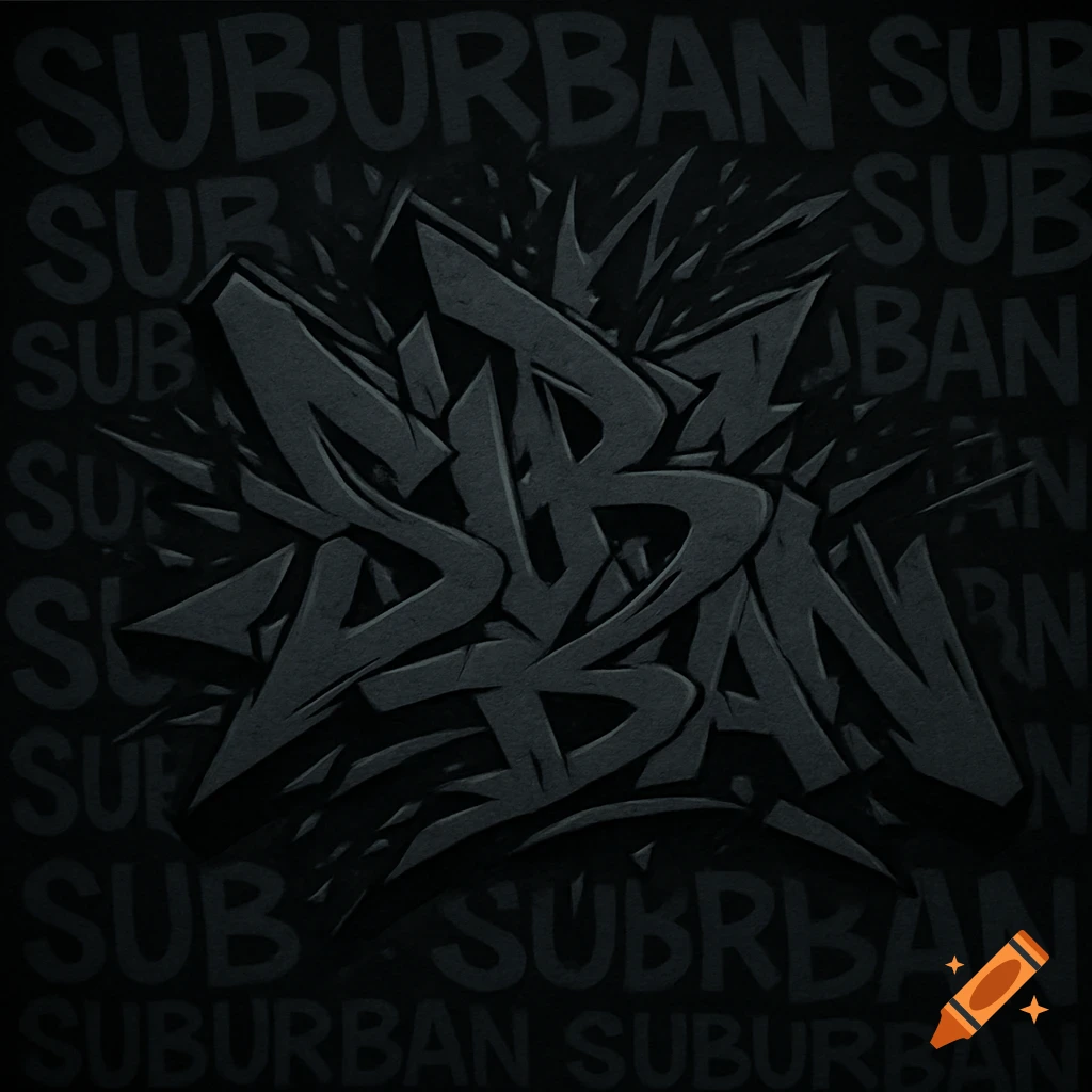 Dark grey and black graffiti-style text design featuring the word 'SUBURBAN' prominently in the center, with the same word repeated in the background.