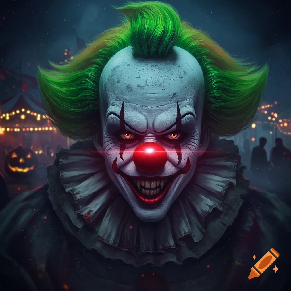 Terrifying clown with bright green hair, glowing red eyes, a red nose, and sharp teeth, set against a dark, blurry carnival scene with a glowing pumpkin.