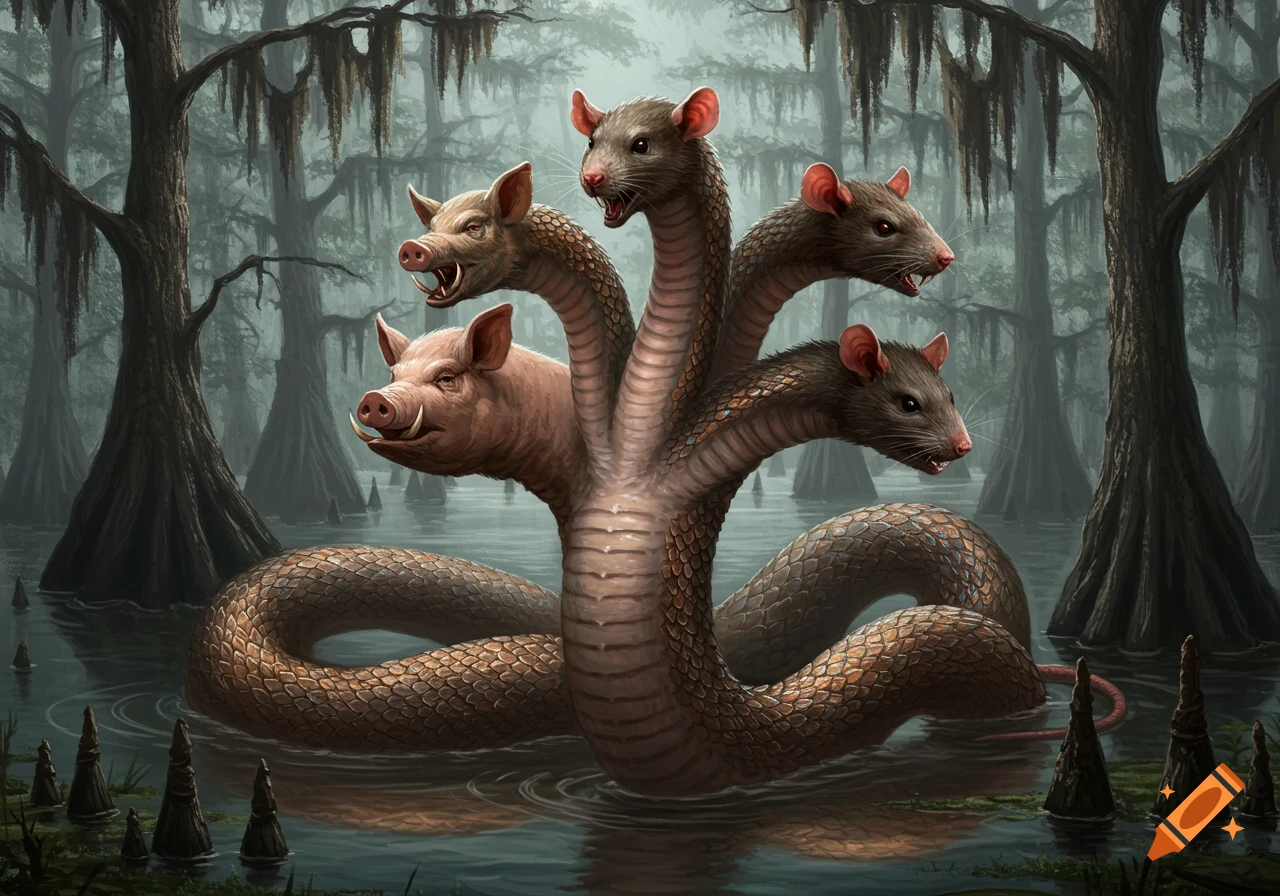 A multi-headed hydra creature with several pig and rat heads rises from the murky water of a swamp, surrounded by cypress trees.