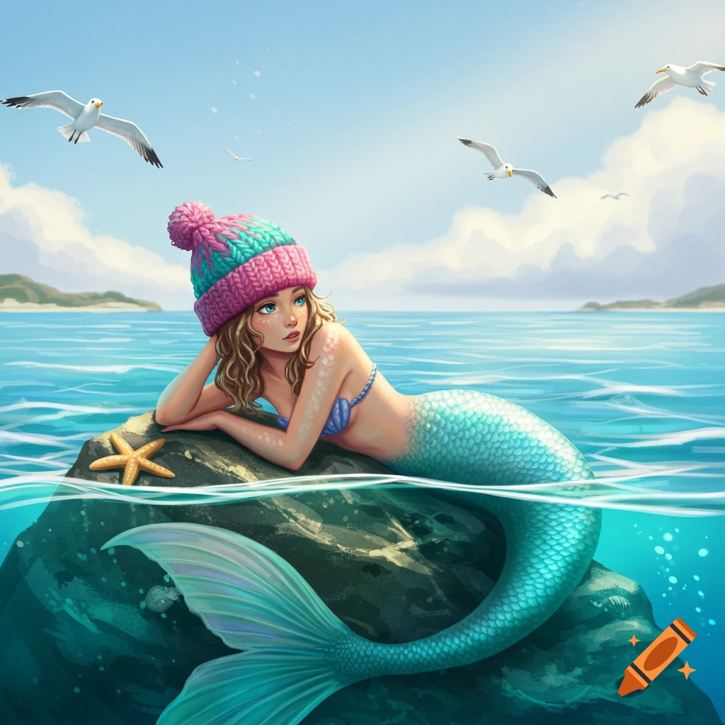 An illustrated mermaid in a colorful beanie and blue top lies on a rock in the ocean, with a starfish nearby and gulls flying above.