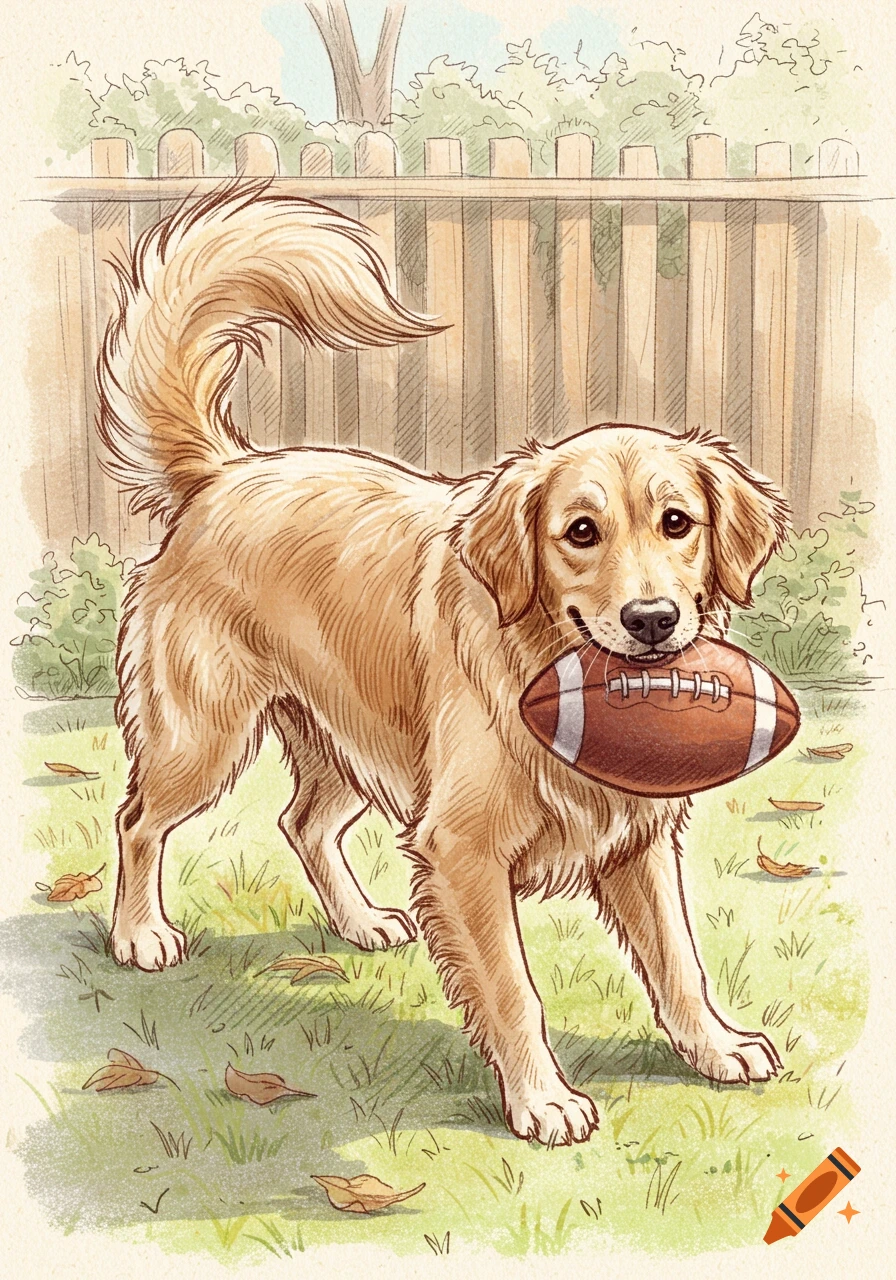 A happy golden retriever stands in a grassy backyard, holding a brown football in its mouth, depicted in a sketched illustration style.