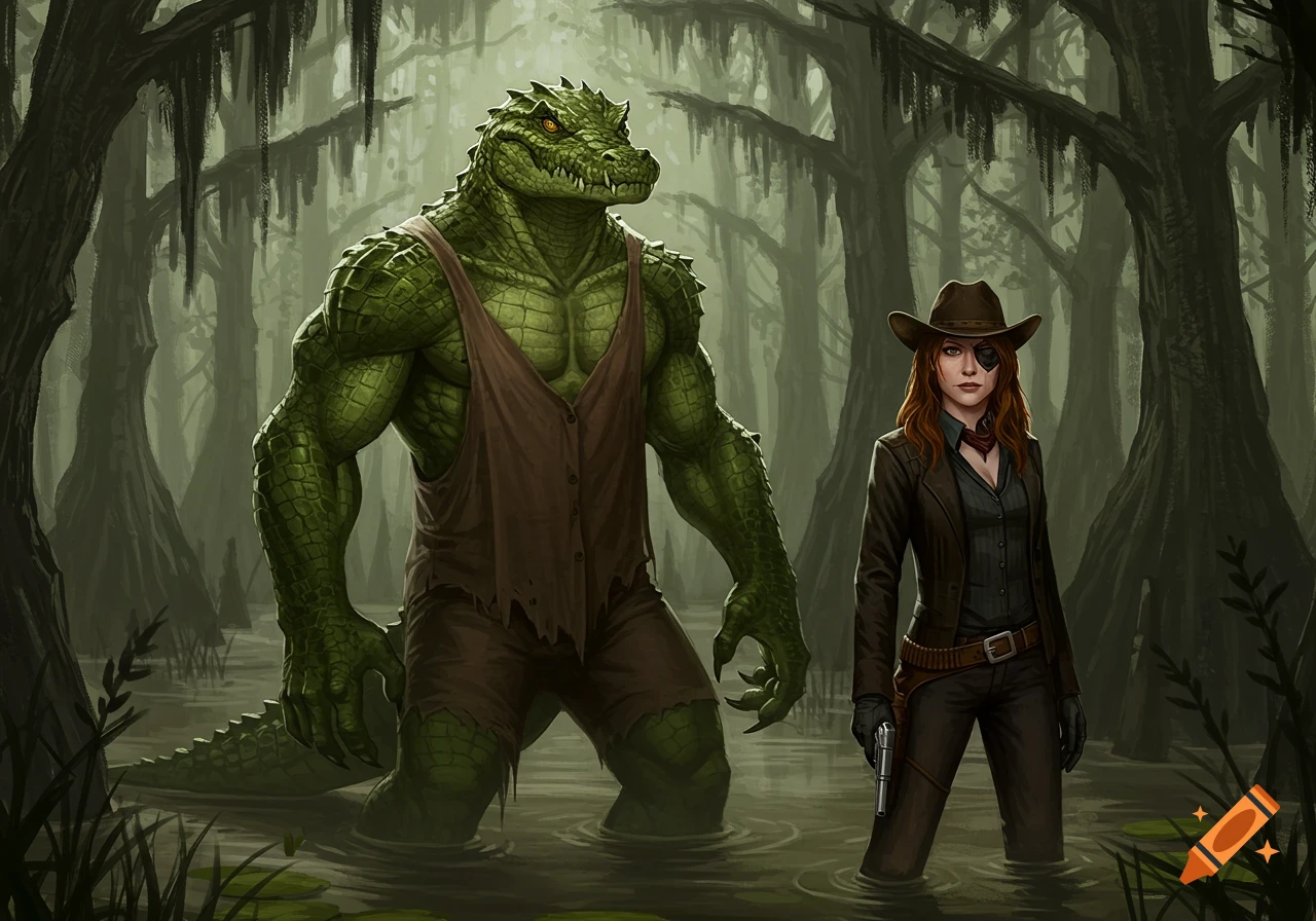 A crocodile-like man in overalls and a woman with an eyepatch and cowboy hat stand in a misty swamp.