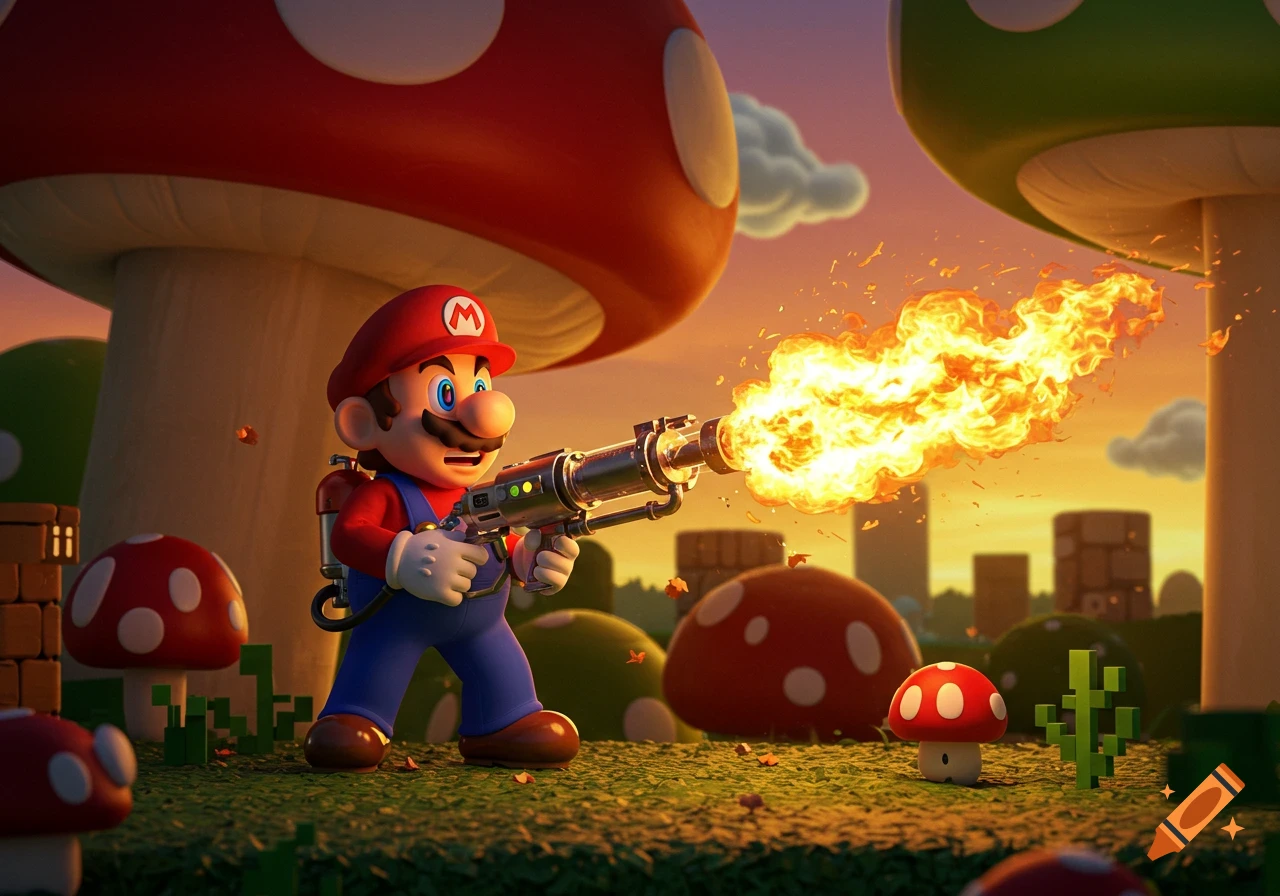 3D rendering of Mario in a mushroom kingdom firing a flamethrower at sunset.