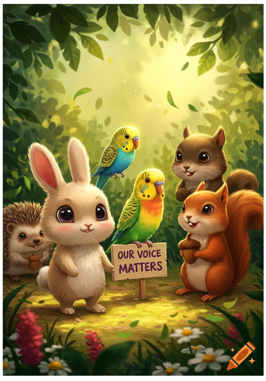 Cute cartoon animals including a bunny, hedgehog, two parakeets, and two squirrels gathered around a sign that reads 'OUR VOICE MATTERS' in a vibrant forest.
