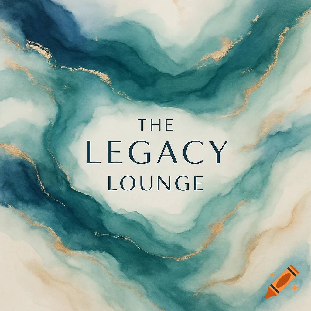 Abstract watercolor art with flowing blue, green, and gold tones, featuring the text 'The Legacy Lounge'.