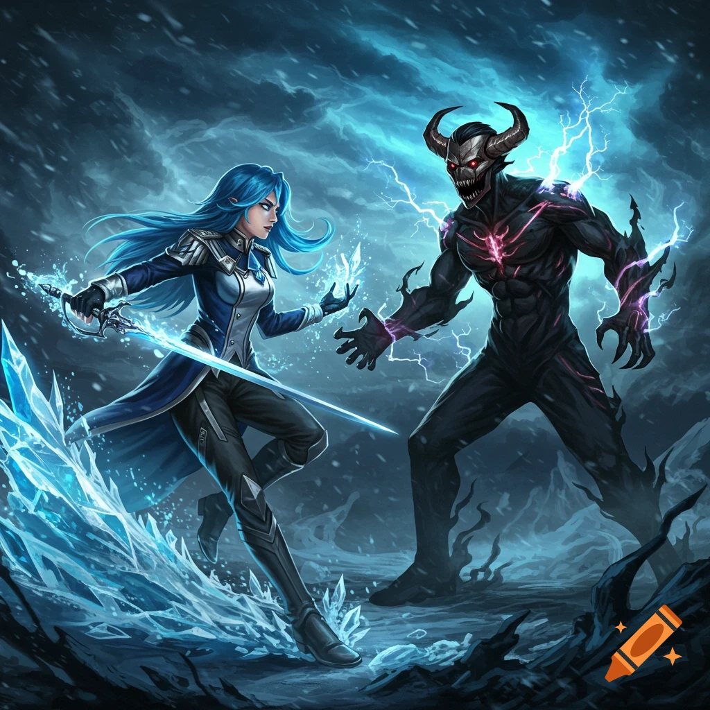 A blue-haired female magic user with a sword and ice magic faces a horned demon crackling with lightning in a snowy, dark fantasy setting.