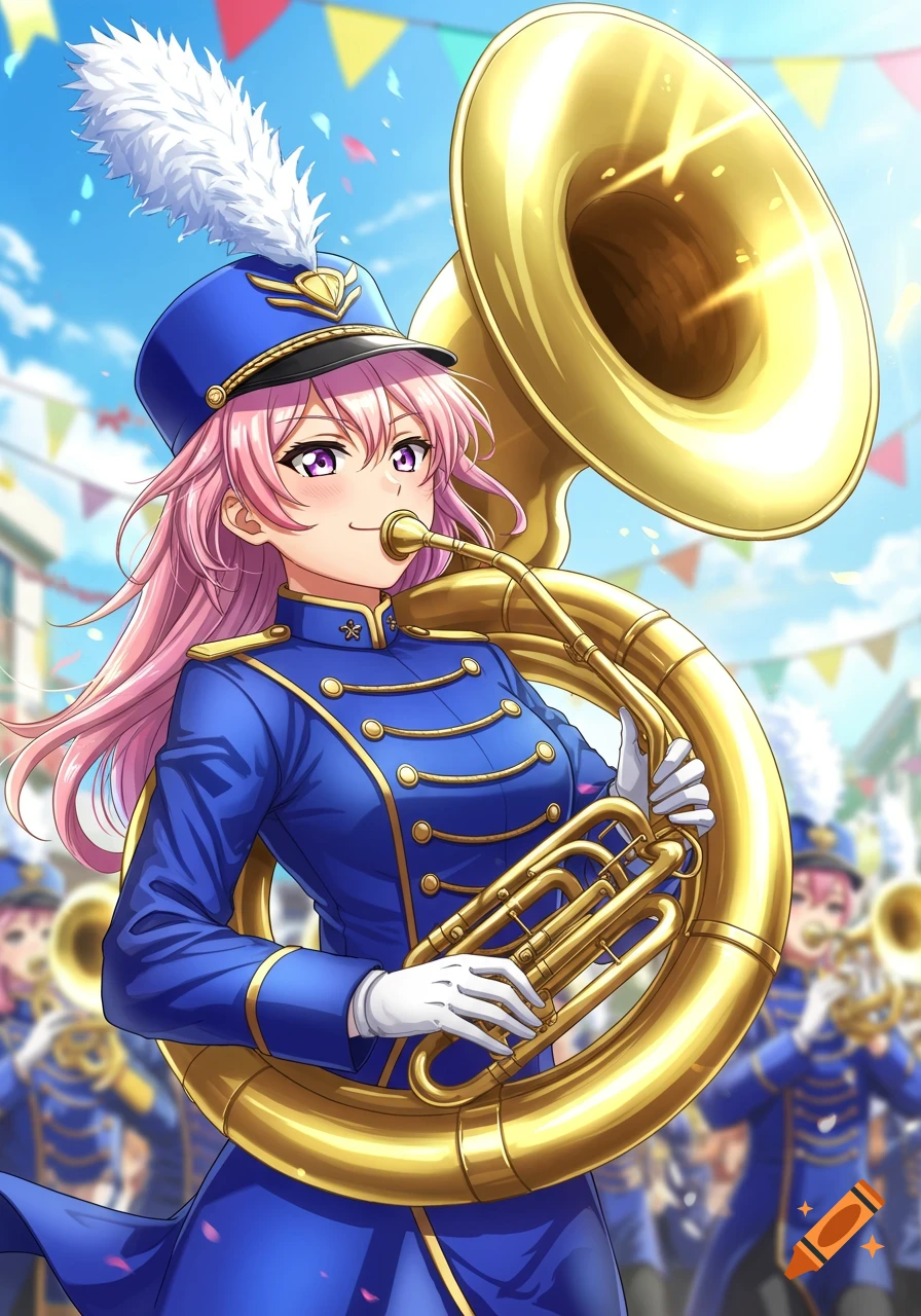An anime woman with pink hair in a blue marching band uniform plays a golden sousaphone outdoors with confetti and flags.