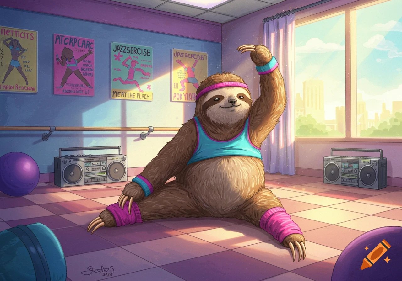 Cartoon sloth in a pink headband and leg warmers doing jazzercise in an 80s-themed studio.