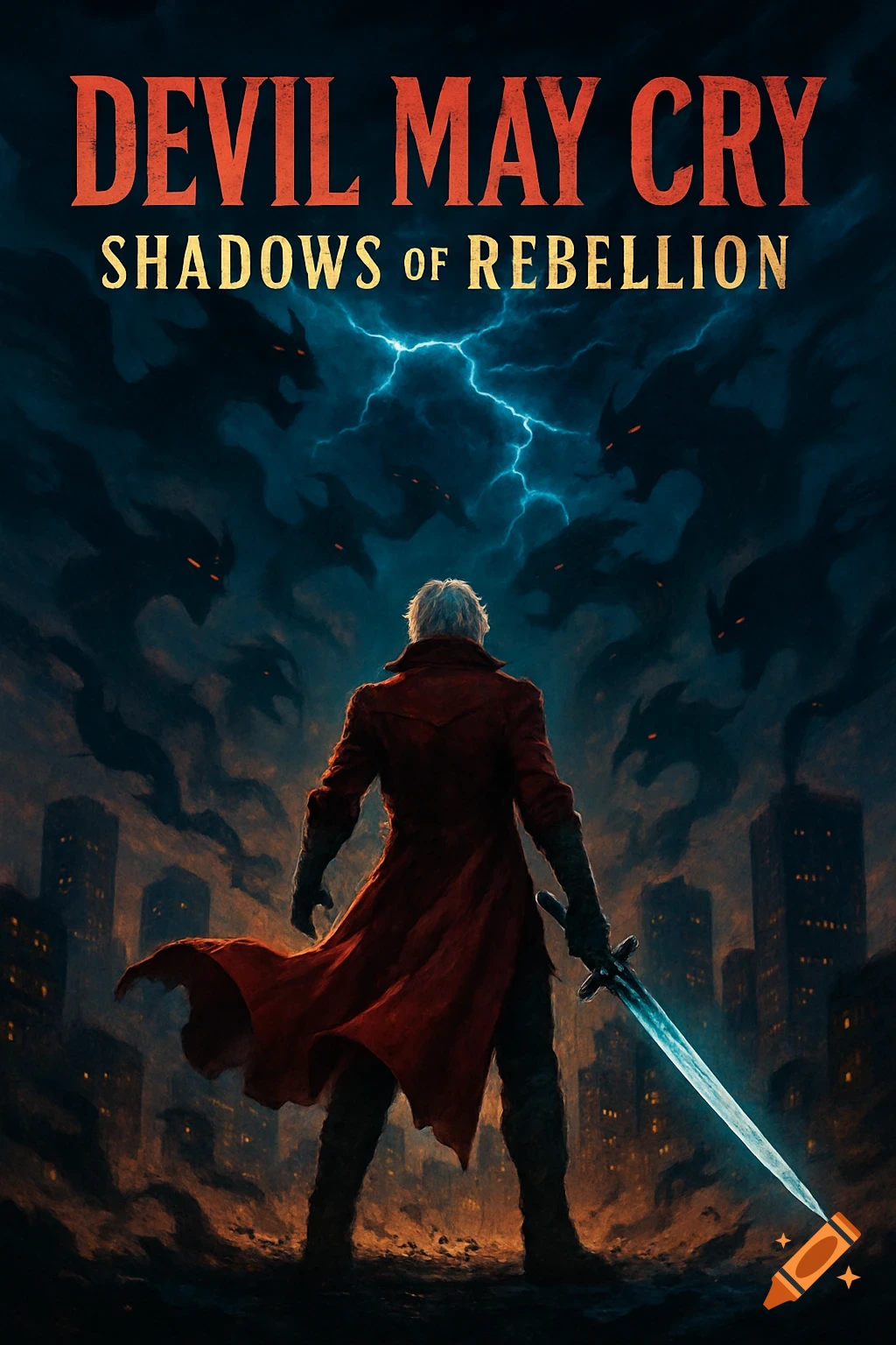 A white-haired man in a red trench coat with a glowing sword faces shadowy demons above a dark city. Text: Devil May Cry: Shadows of Rebellion.