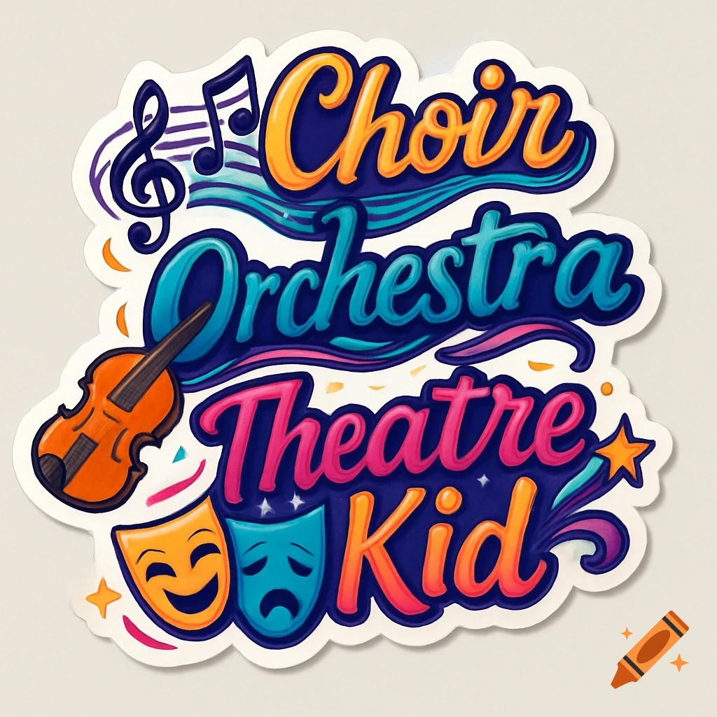 Colorful graphic design sticker with the text 'Choir Orchestra Theatre Kid' alongside musical notes, a violin, and comedy/tragedy masks.