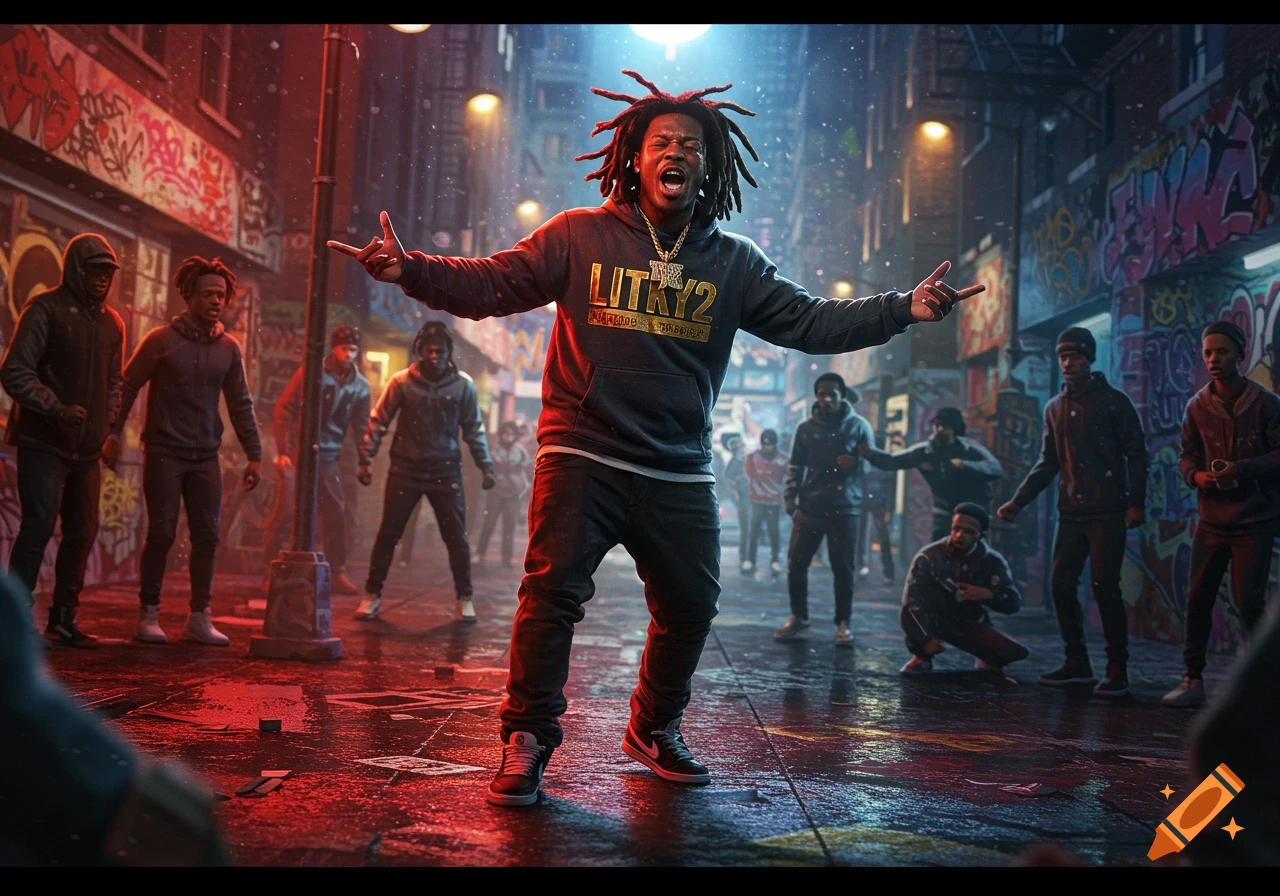 A male rapper with dreadlocks freestyles in a gritty, neon-lit urban alleyway with graffiti and a crowd watching. Stylized photo.