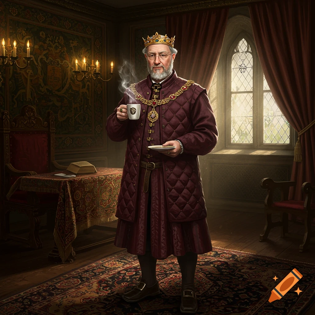 A regal, bearded man in a crown and burgundy quilted coat holds a steaming coffee cup and saucer in a richly decorated, candlelit castle room.
