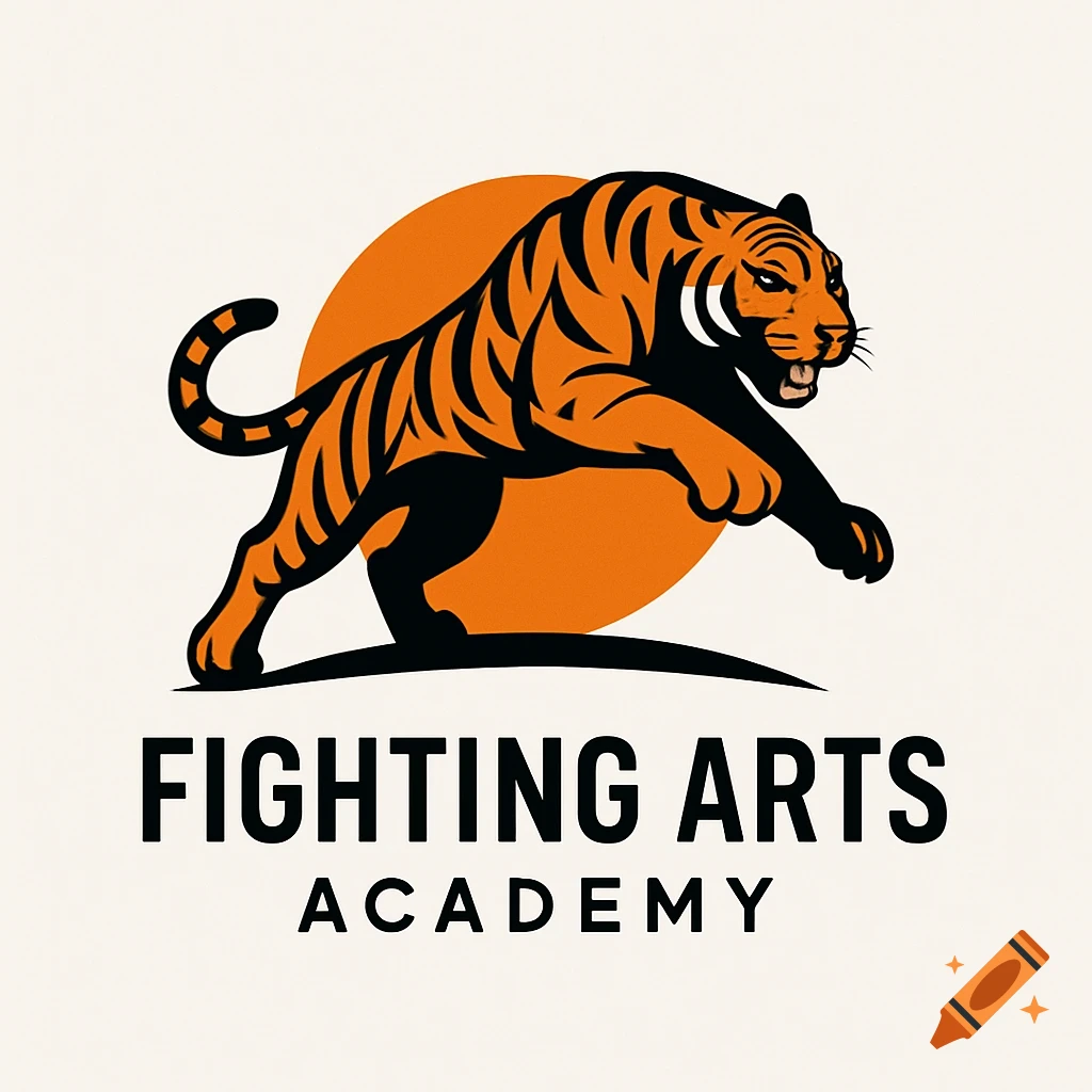 A stylized logo featuring an orange and black tiger in a dynamic pose, with an orange sun disc behind it and 'FIGHTING ARTS ACADEMY' text below.