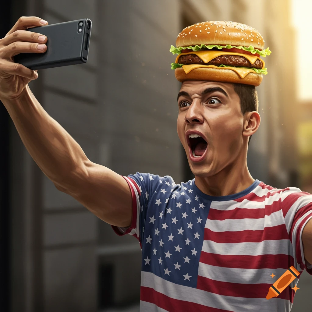 Young man in an American flag t-shirt takes a selfie with a giant cheeseburger on his head, looking surprised.