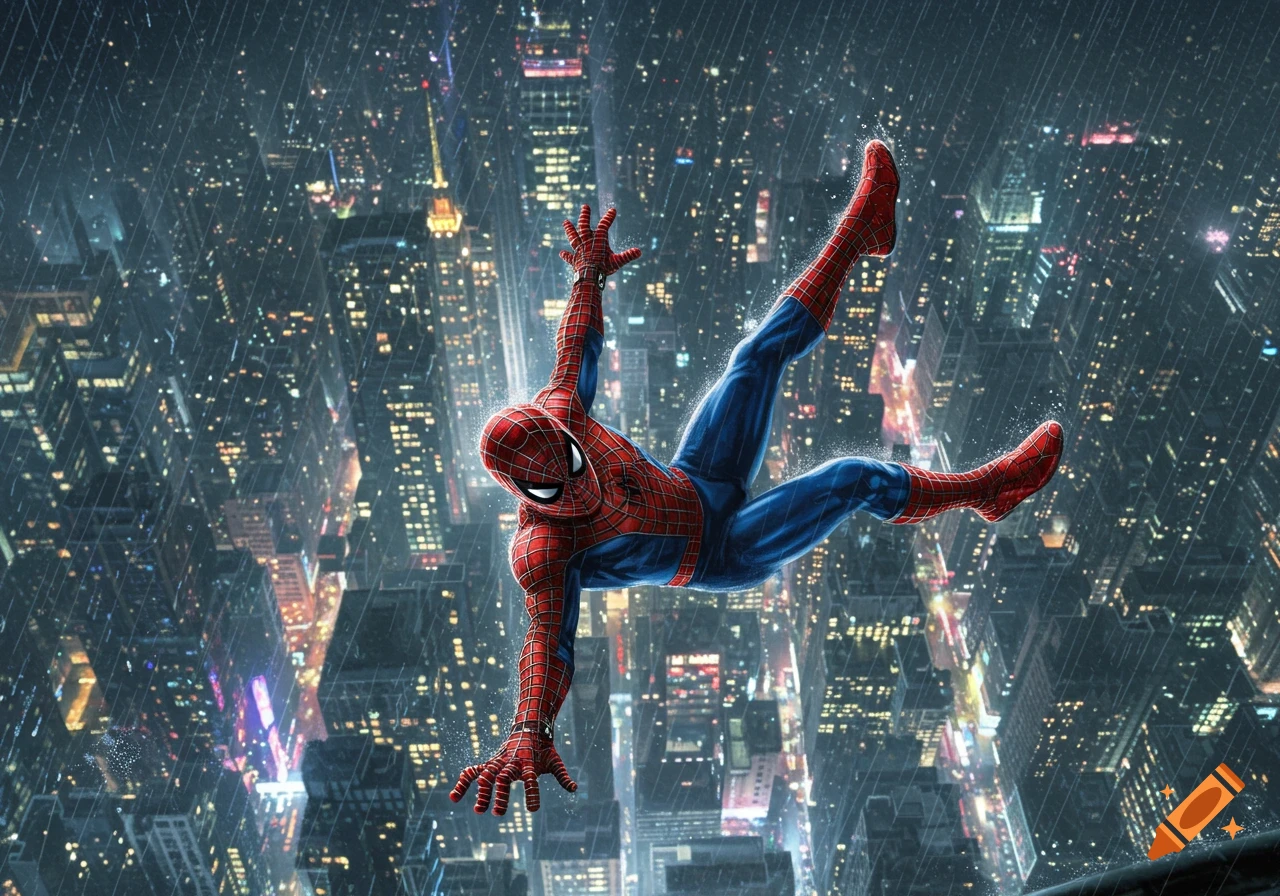Spider-Man falling headfirst through a rainy, illuminated city at night in a dynamic comic book style.