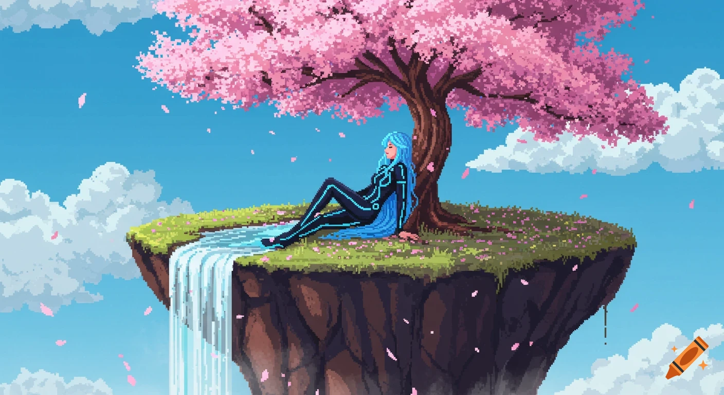Pixel art of a blue-haired woman in a futuristic suit sitting under a cherry blossom tree on a floating island with a waterfall.