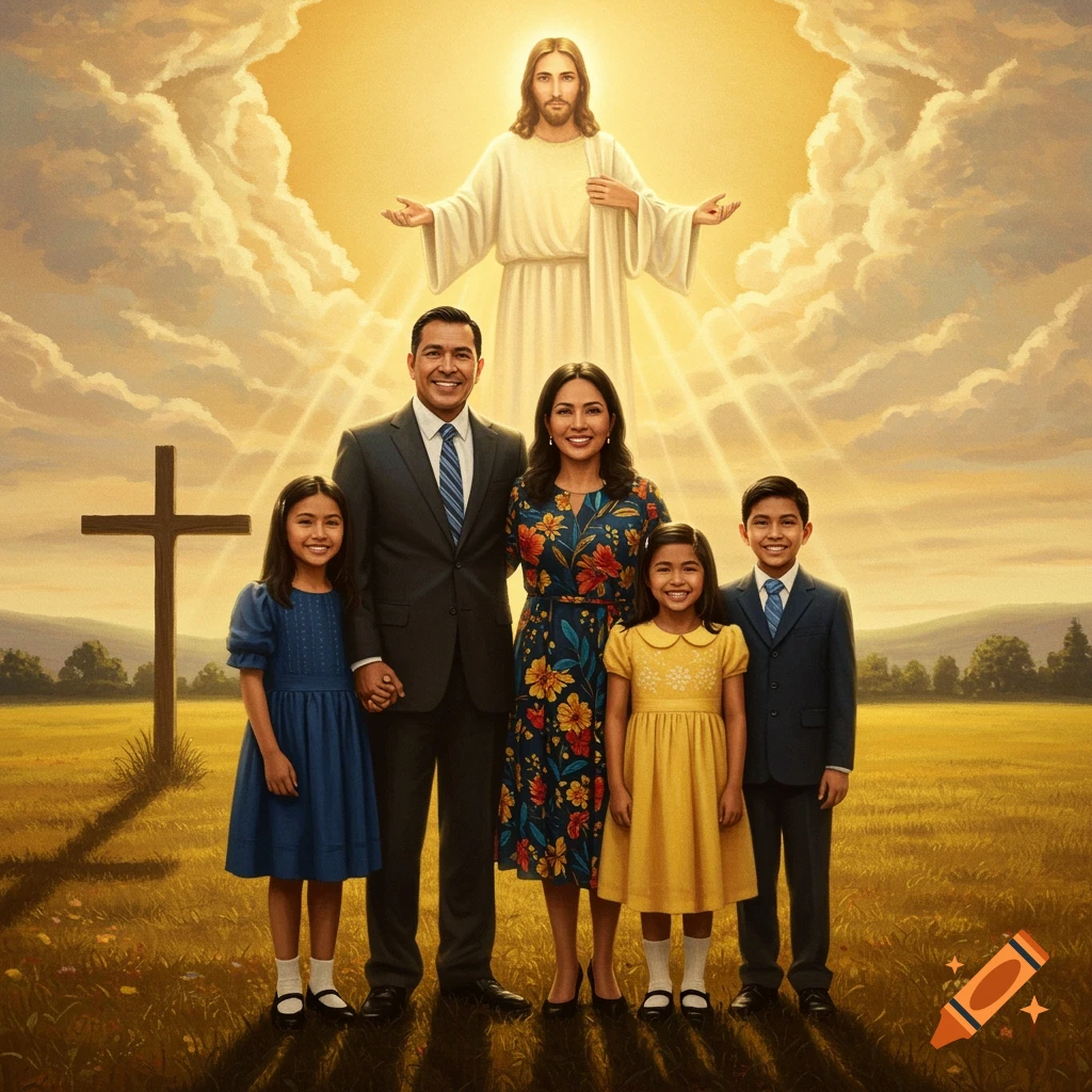 A family of five stands in a field with a cross, as a radiant Jesus appears above them in a painting.