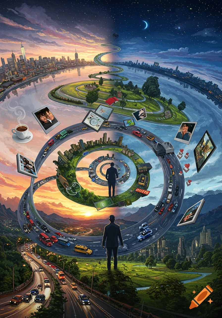 Conceptual art: A man observes a winding path symbolizing life, with cities, nature, and tech floating through day and night.