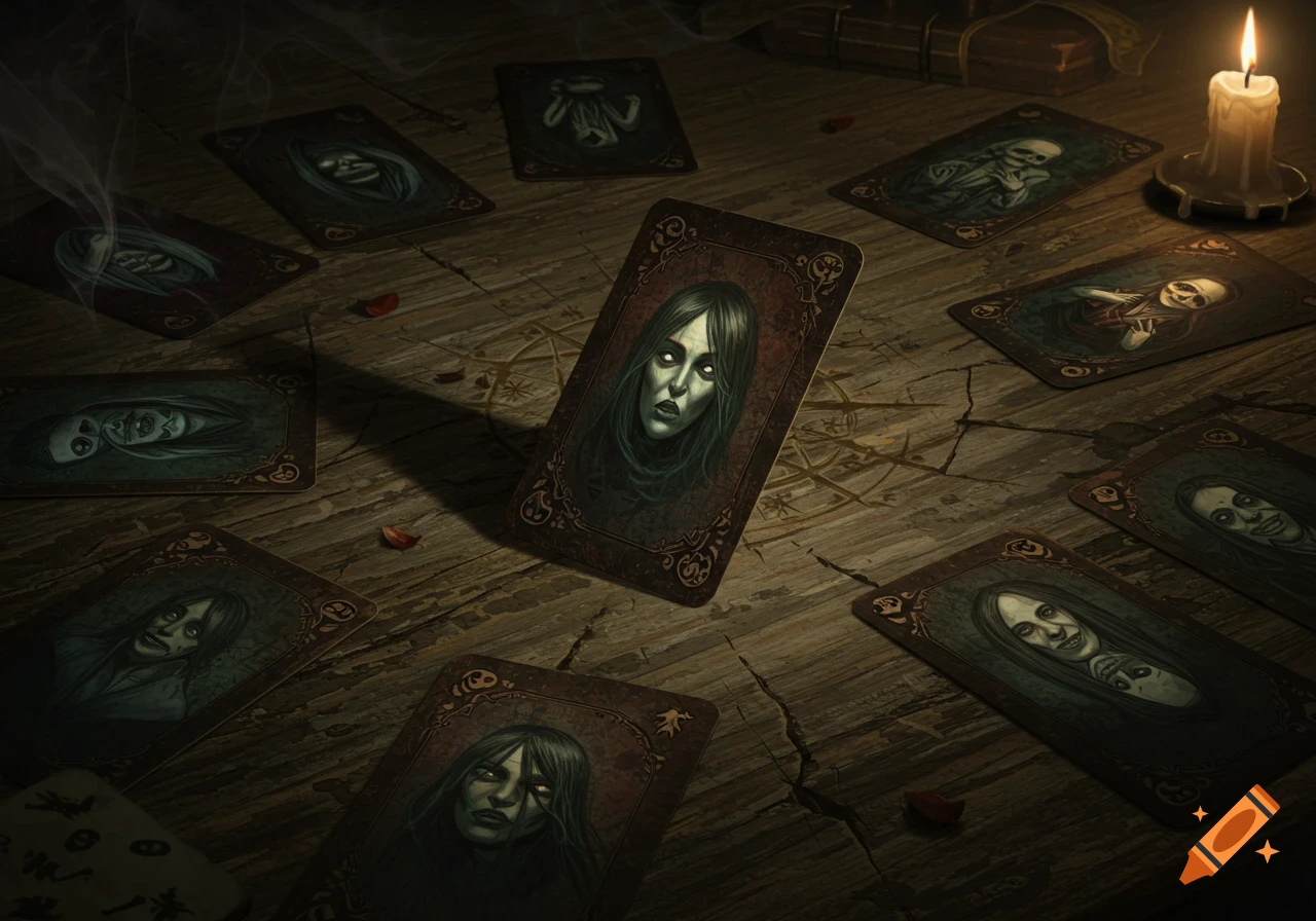 Creepy playing cards featuring ghostly faces spread on a dark wooden table, lit by a flickering candle.