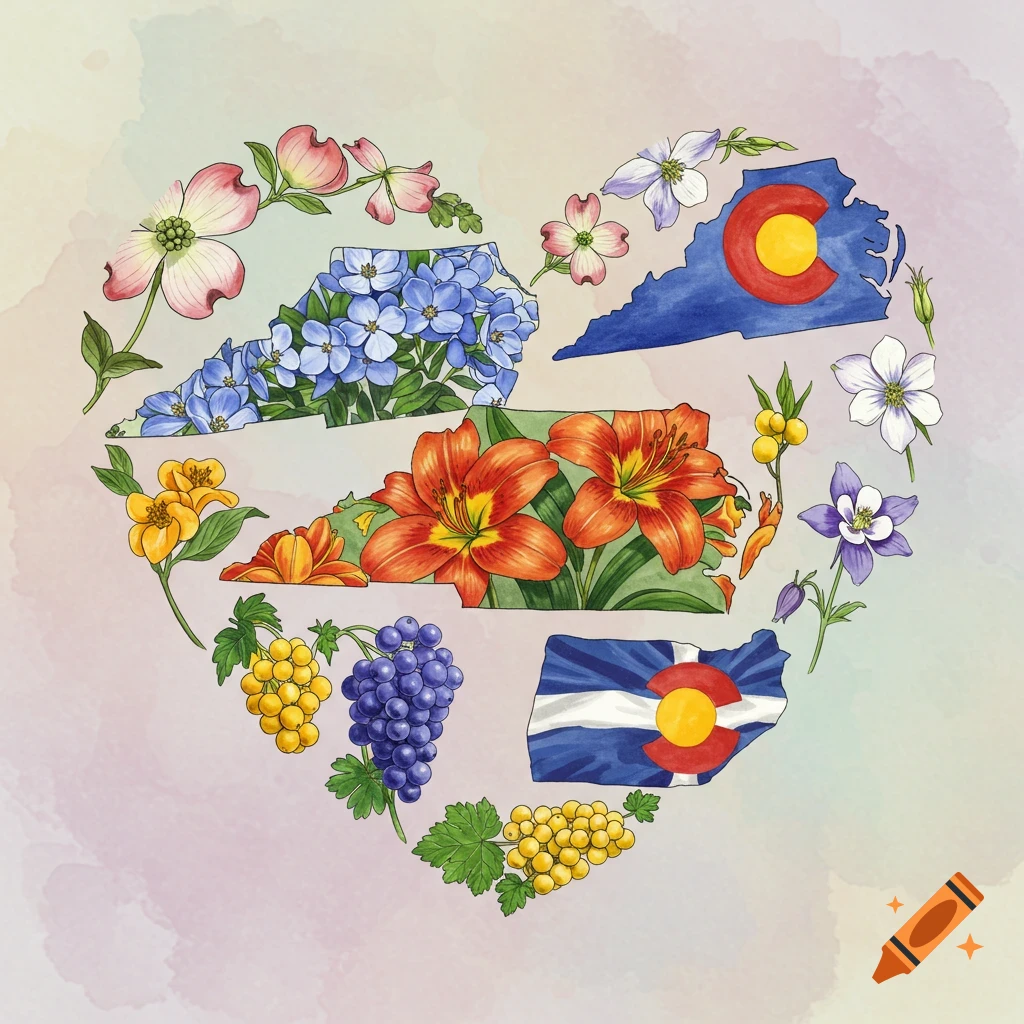 Watercolor illustration forming a heart with outlines of US states (NC, VA, CO, KY) filled with state flowers and fruits.
