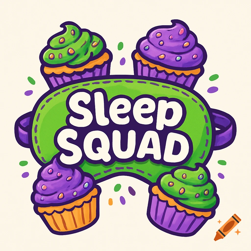 A vibrant cartoon logo shows four colorful cupcakes surrounding a green sleep mask with 'Sleep SQUAD' in bold white text.
