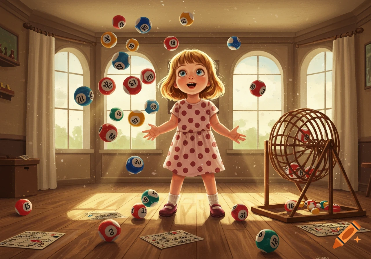 A young girl with short blonde hair and a polka dot dress stands in a sunny room, surrounded by floating and scattered bingo balls and cards, next to a bingo cage.