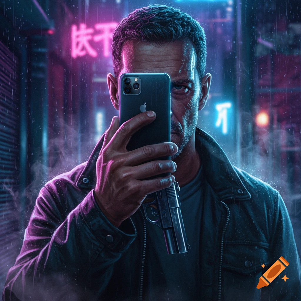 A man holds a gun behind a phone, looking directly at the viewer in a rainy, neon-lit cyberpunk city street.