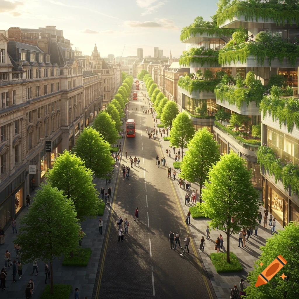 Aerial view of a bustling, tree-lined London street with traditional architecture, a modern green building, and red buses.