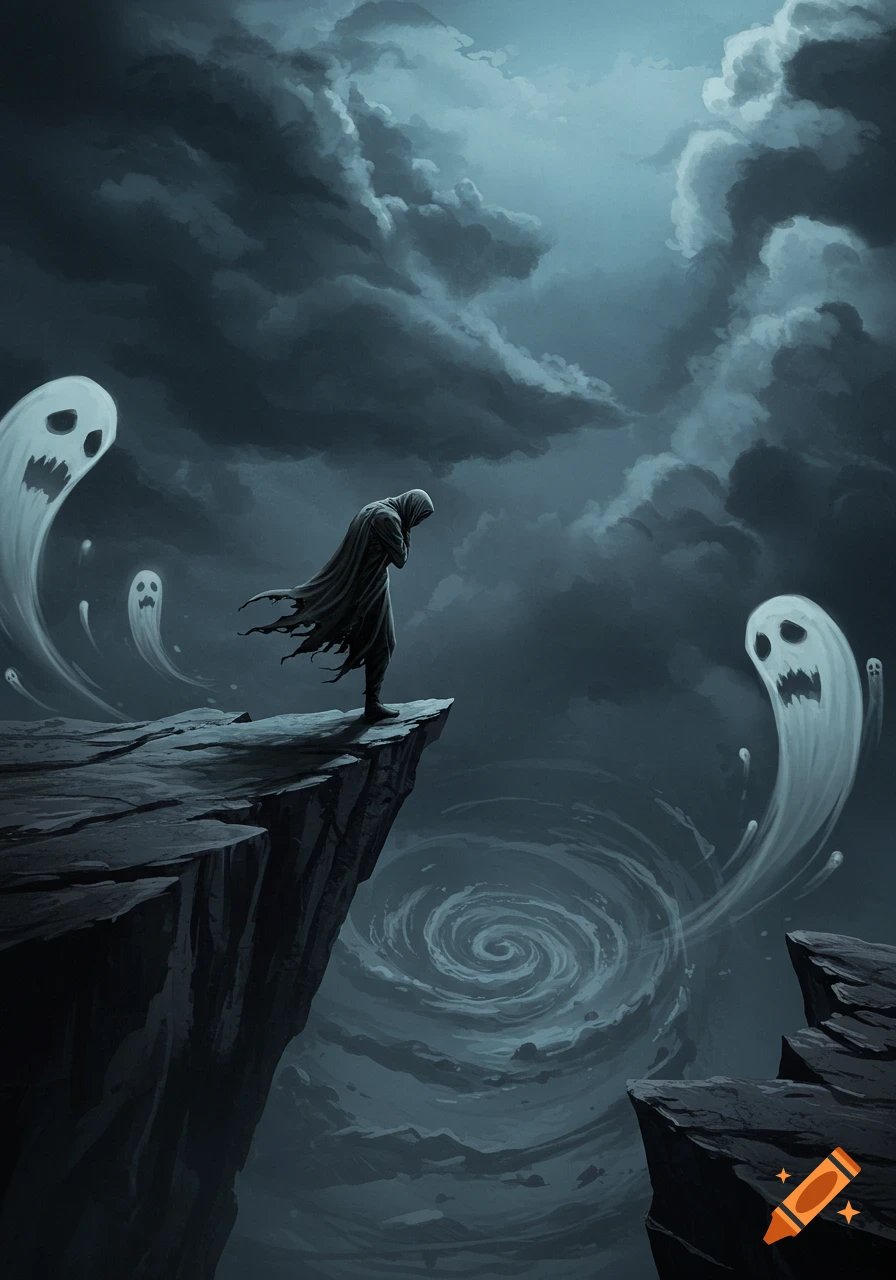 A figure in a dark cloak stands on a rocky cliff under a stormy sky, gazing down at a swirling vortex, with white, cartoonish ghosts floating around.