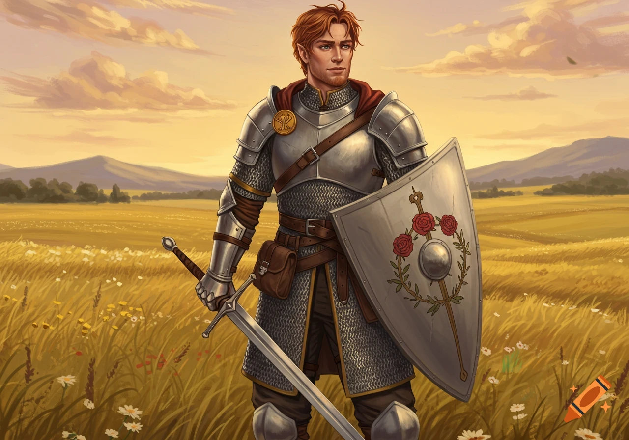 A red-haired knight in shining armor stands in a golden field, holding a sword and a shield with a rose emblem.