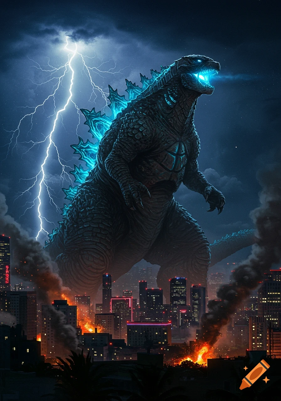 Massive Godzilla with glowing blue spines and eyes stands over a burning city at night, with a lightning storm in the dark sky.