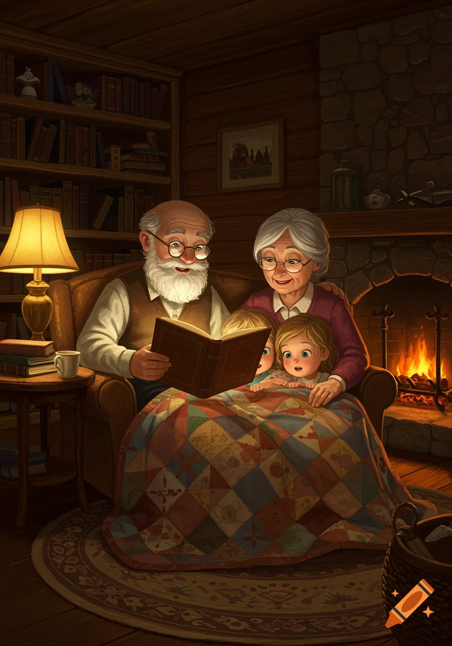 Illustrated scene: Grandparents read to two grandchildren under a quilt in a cozy cabin by a fireplace.