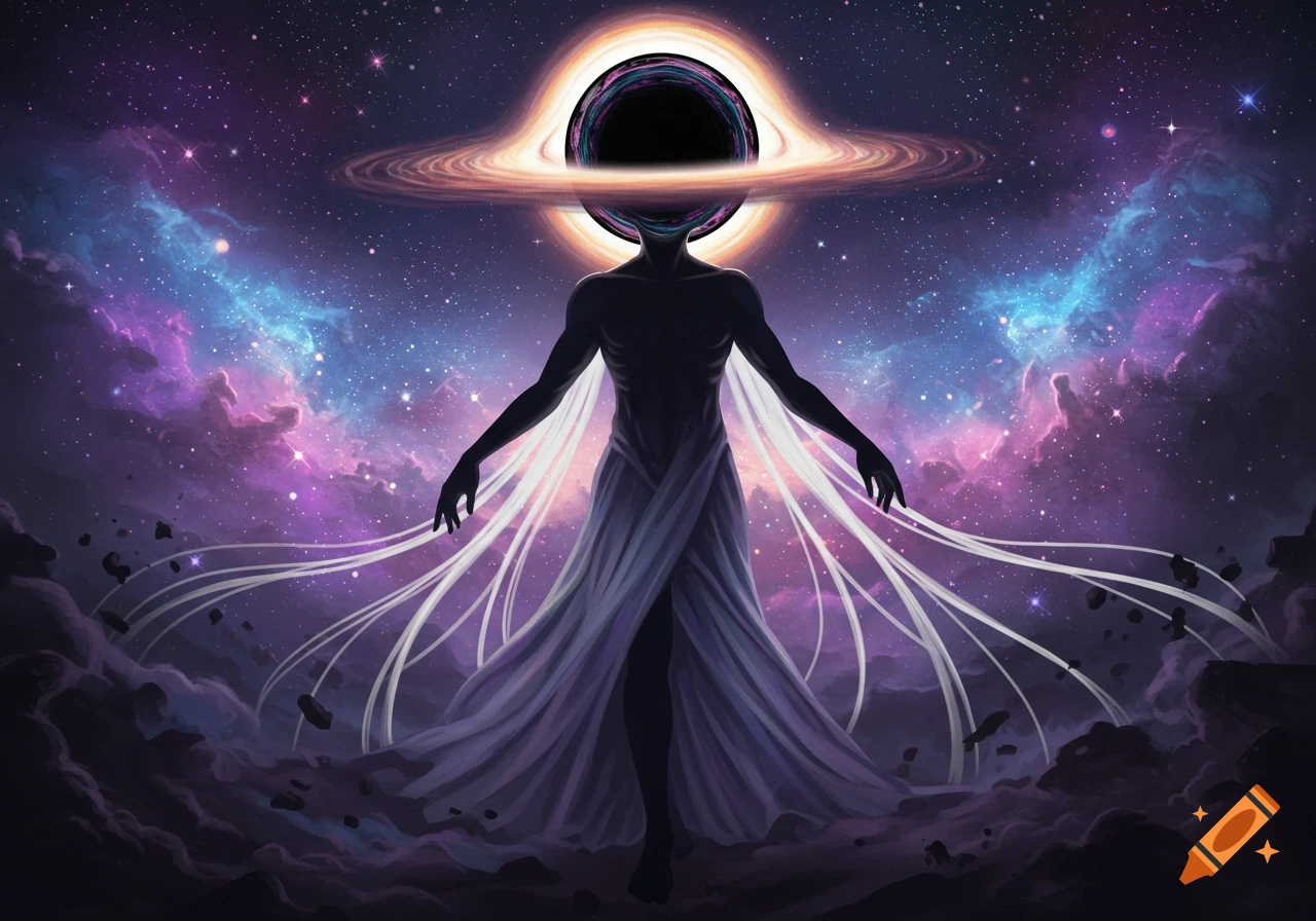 A stylized celestial being with a black hole for a head and a flowing draped body stands amidst a vibrant purple and blue galaxy.