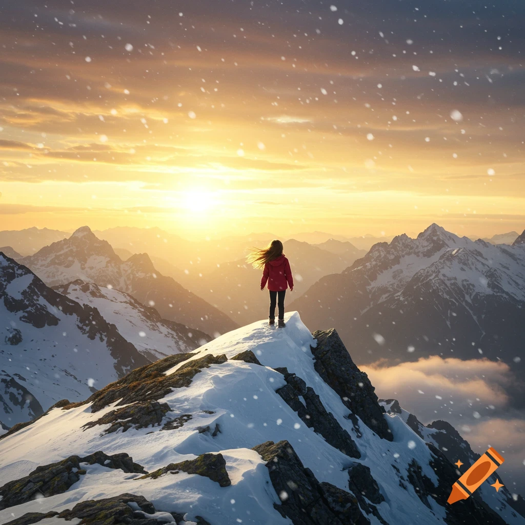 A person stands on a snowy mountain peak at sunrise, with distant mountains under a golden sky.