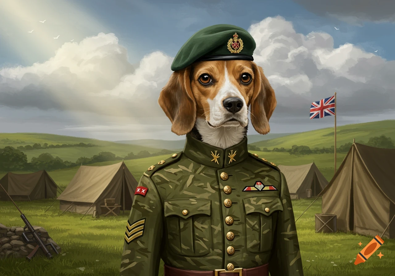 An illustrated portrait of a beagle dog in a British military uniform, wearing a green beret, standing in a camp with tents and a Union Jack flag.