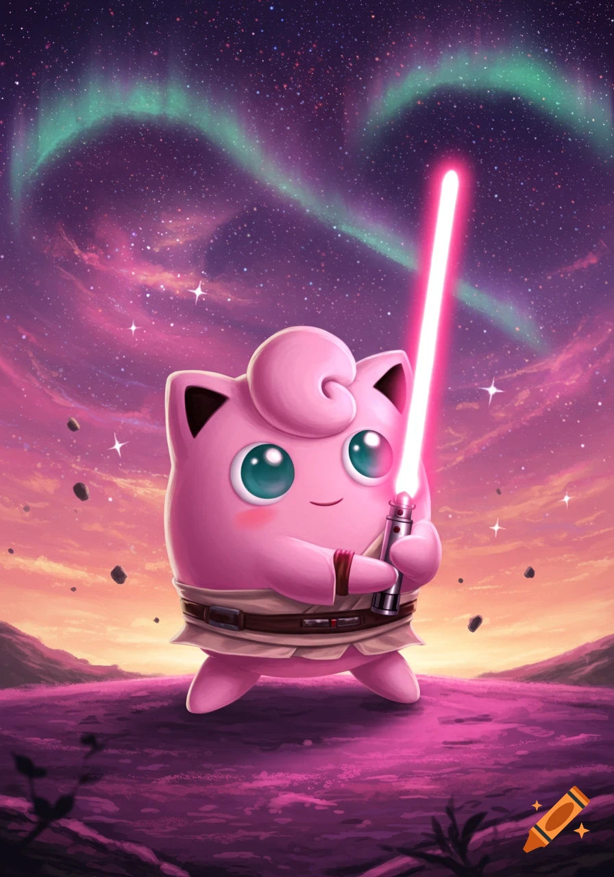 Jigglypuff dressed as a Jedi, holding a pink lightsaber under a vibrant, starry, purple and pink sky with aurora.
