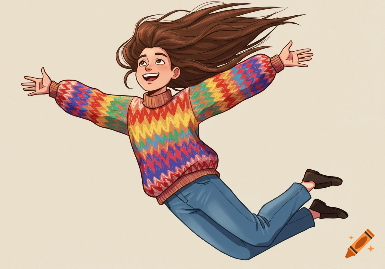 Cartoon girl with long brown hair, rainbow sweater, and jeans floats joyfully with arms wide open, hair flowing.