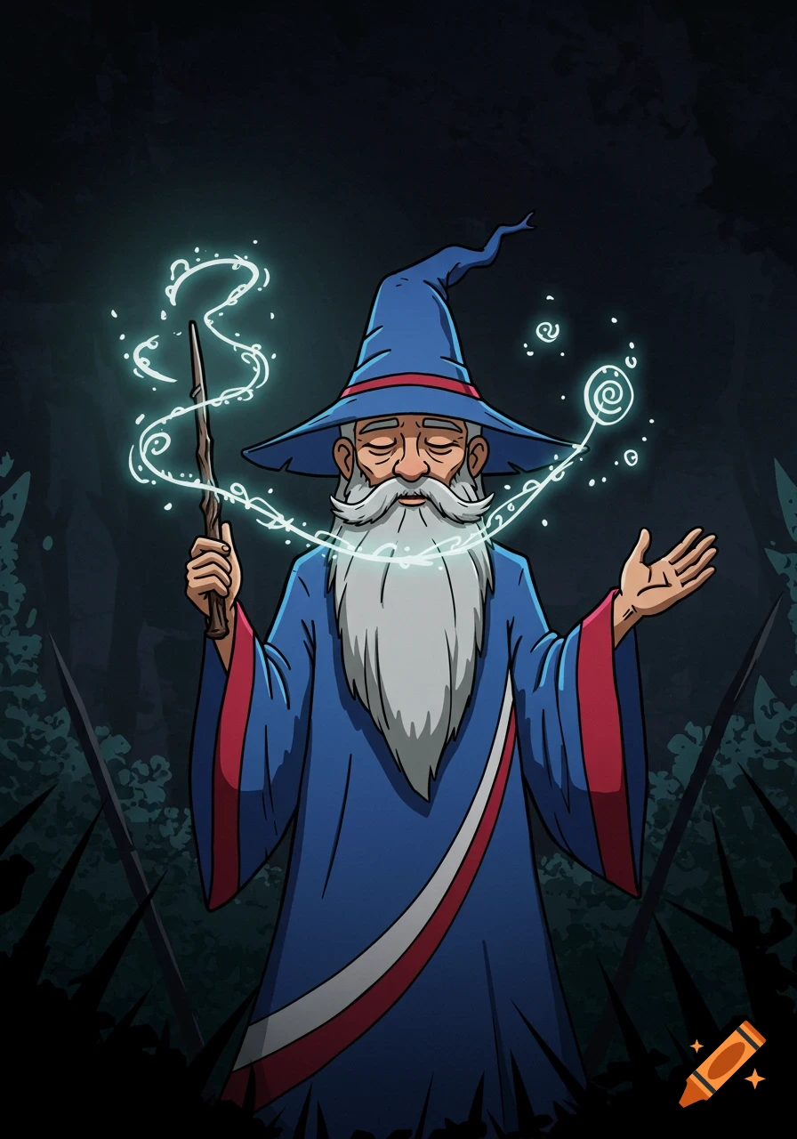 Cartoon wizard in a blue robe with a white beard, holding a glowing wand that emits swirling light, against a dark, spiky forest background.