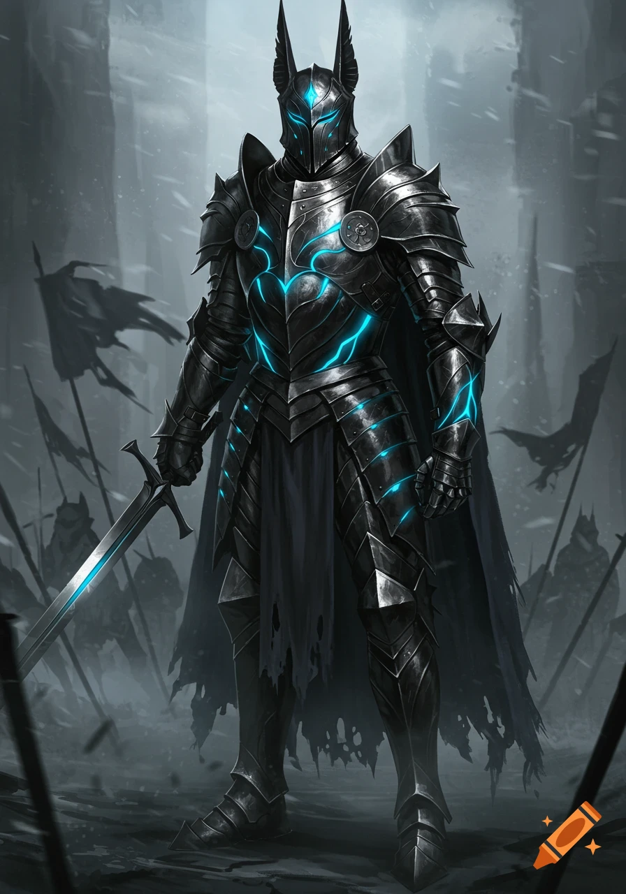 A black and silver plate armor knight with glowing blue highlights and a jackal helmet stands on a misty battlefield, holding a sword.