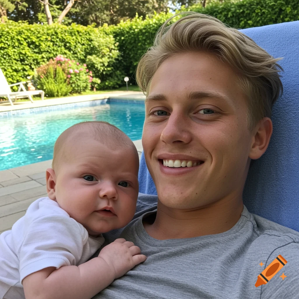 Young man smiling, holding a baby on his chest by a swimming pool.