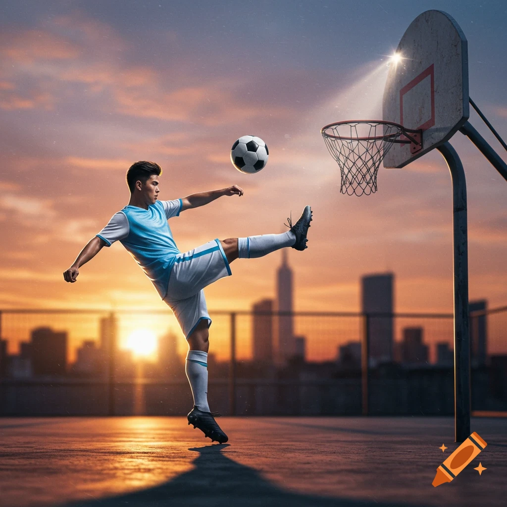 A soccer player in a light blue and white uniform kicks a soccer ball towards a basketball hoop at sunset with a city skyline in the background.