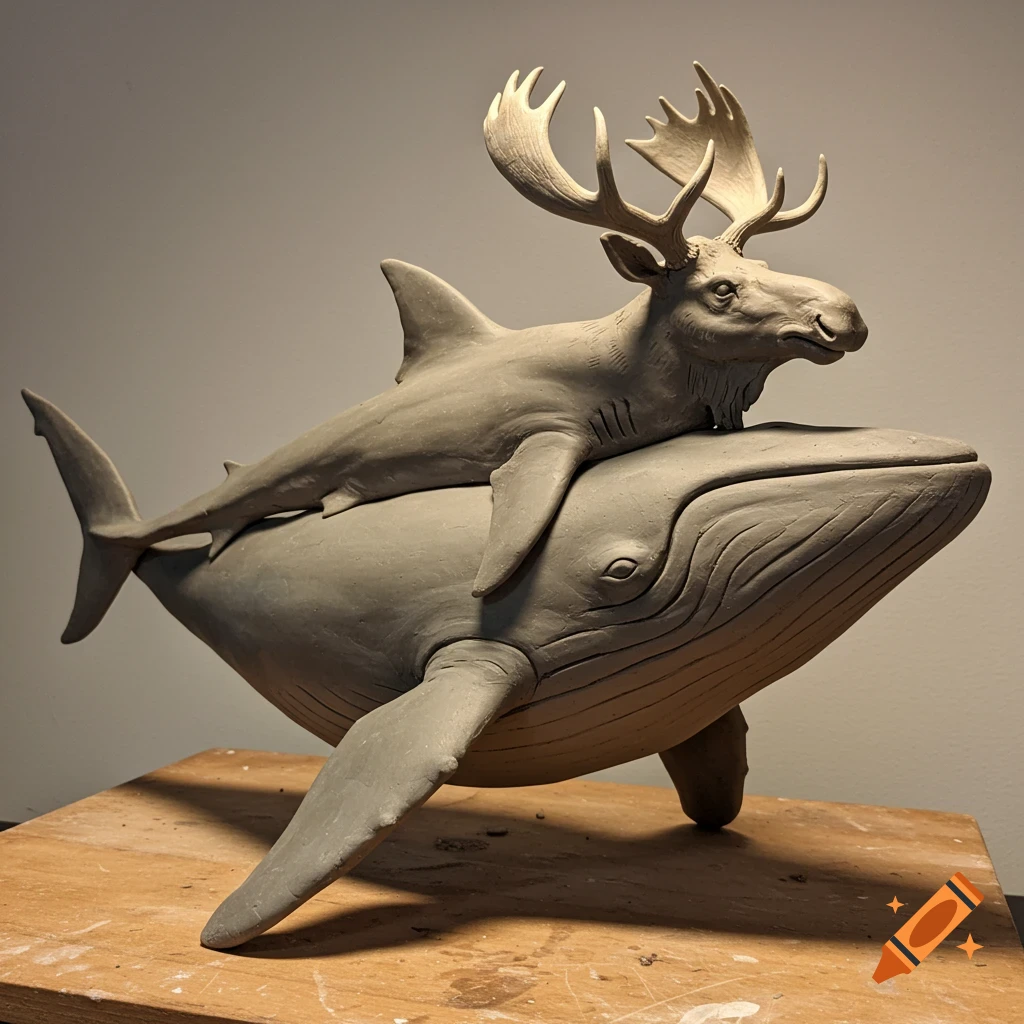 A gray clay sculpture of a hybrid creature featuring a whale's body, a shark's body, and a moose's head and antlers.