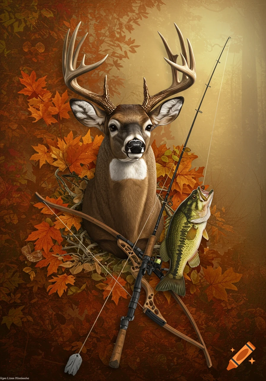 An illustration of a deer head with antlers, a bass fish, a fishing rod, and a bow, surrounded by autumn leaves.