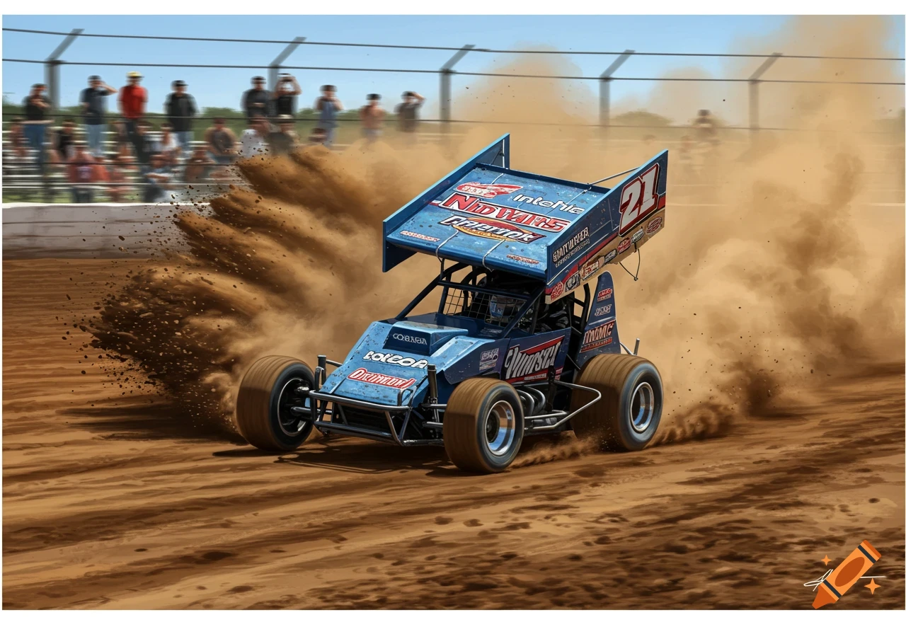 Blue dirt track sprint car races, kicking up dust on a brown track with a blurred crowd, illustrative style.