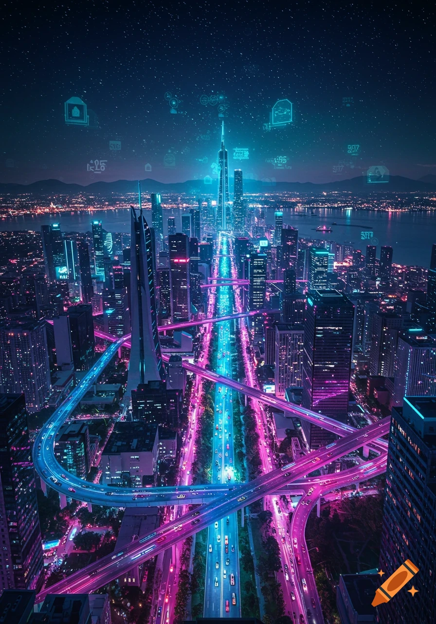 Aerial view of a vibrant futuristic city at night, with neon-lit highways, skyscrapers, and data overlays in the starry sky.
