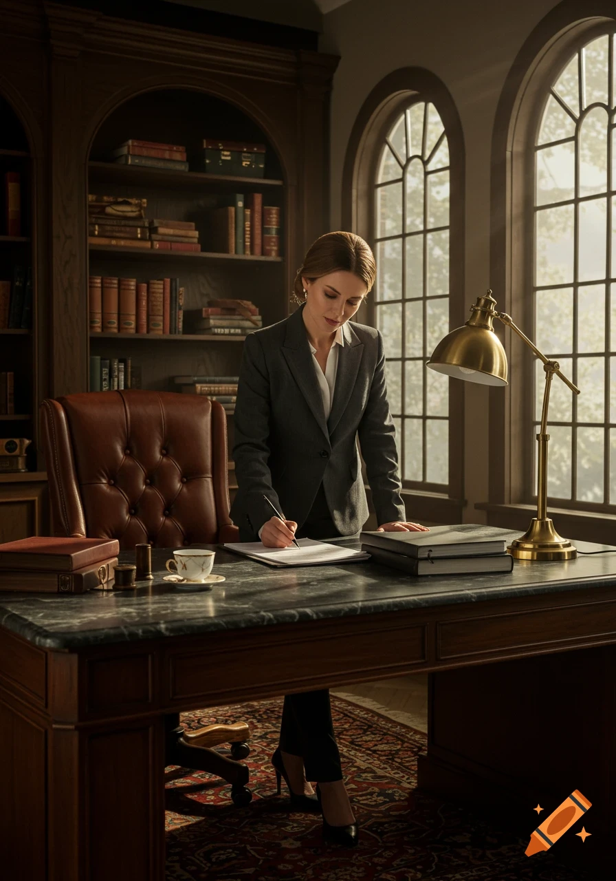 A female attorney stands at a large, elegant desk, writing, in a dimly lit office with a bookshelf and arched windows.