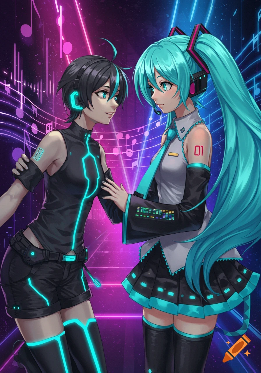 Two anime characters, one resembling Hatsune Miku, in neon-accented outfits, face each other against a vibrant purple and blue musical background.