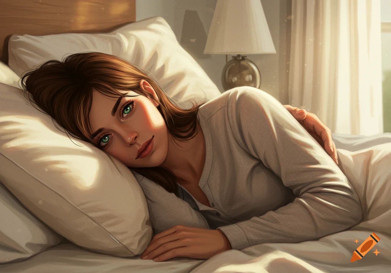 Digital art of a brunette woman with green eyes resting in bed, a man's arm draped over her.