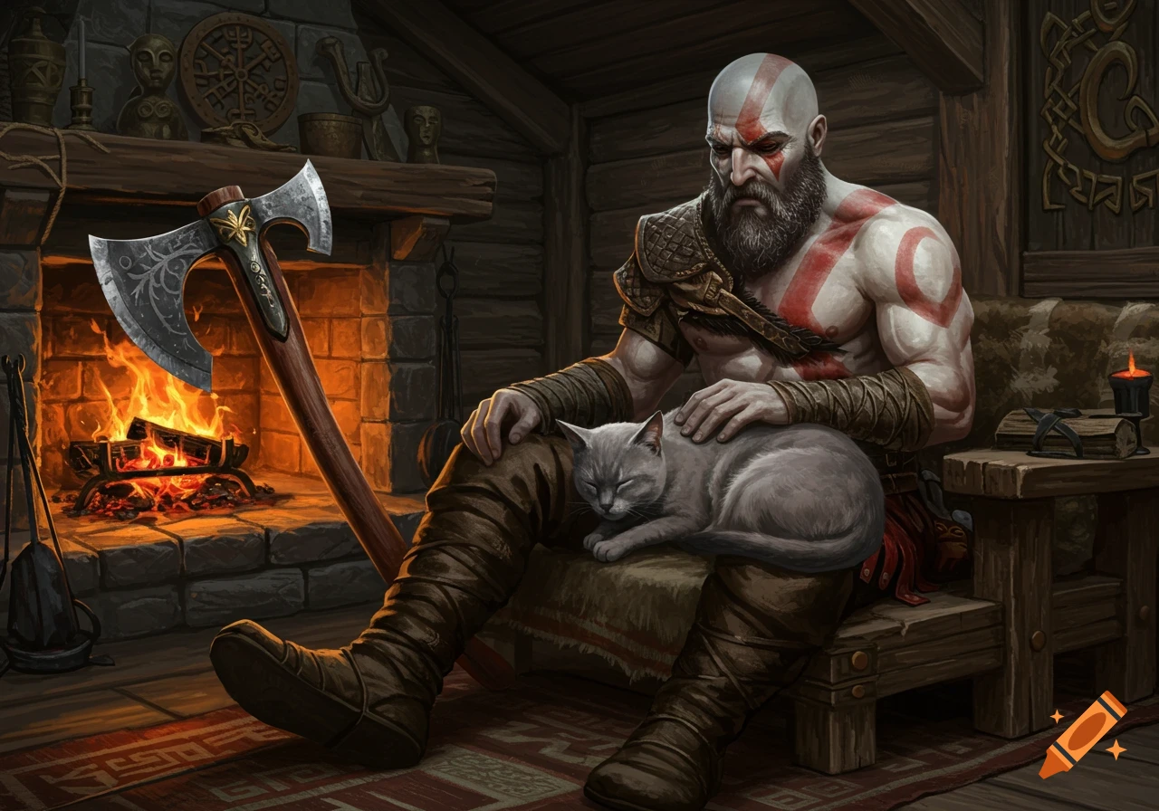 Kratos from God of War, with his axe, sits by a fireplace in a rustic cabin, gently petting a sleeping gray cat.