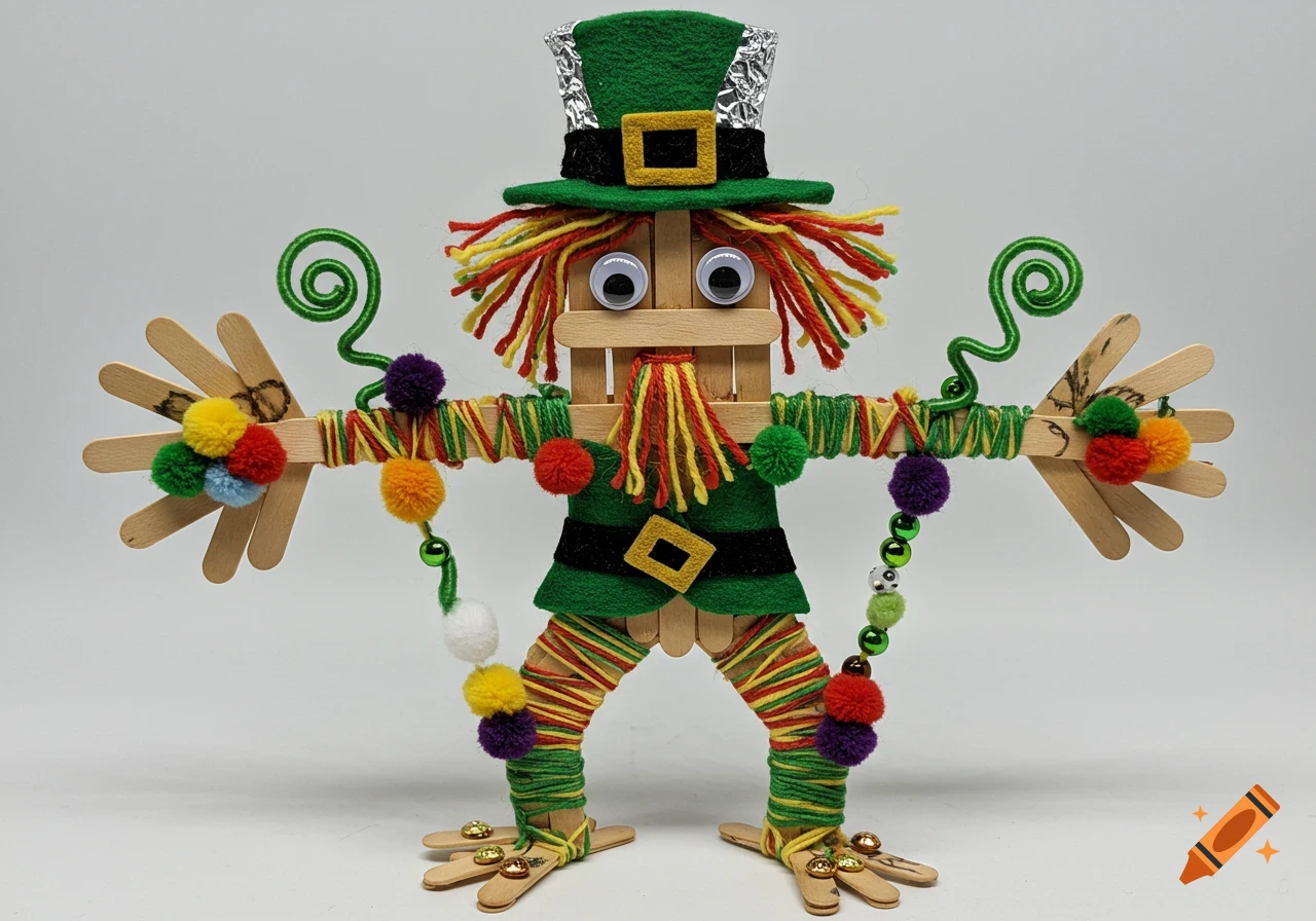 A colorful craft leprechaun figure made from popsicle sticks, green felt, yarn, pom-poms, googly eyes, and a tin foil hat, standing on a white background.